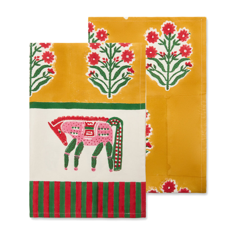 Horse Mustard & Green Tea Towels, Set of 2