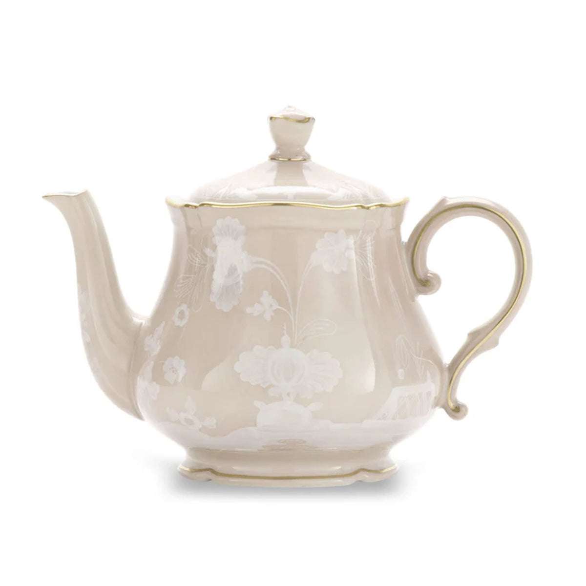 Front view of Meringa Oriente Italiano teapot with cover for 6, floral white porcelain and gold trim