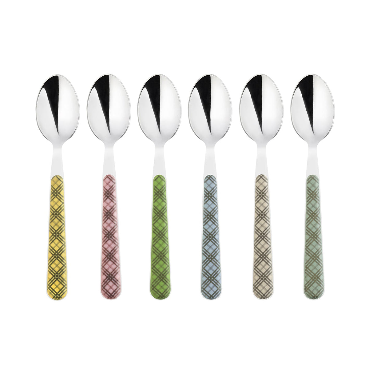 Front view of six tartan teaspoons showcasing colorful patterned ivory resin handles with a white background