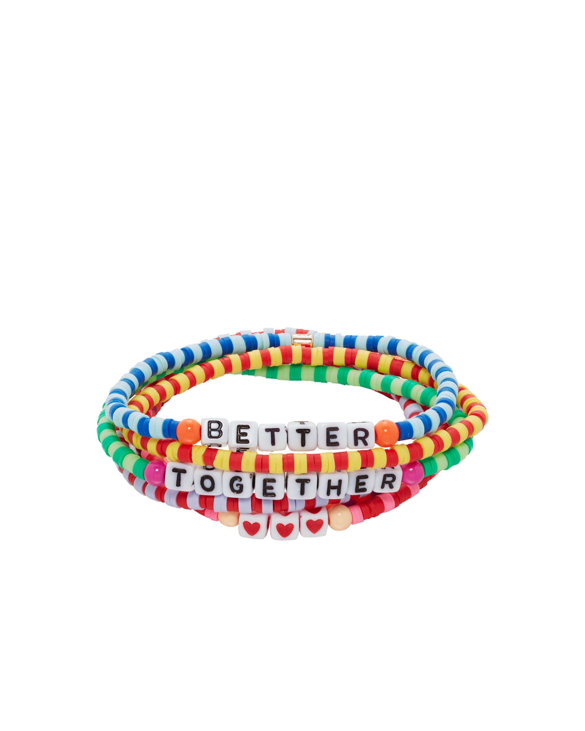 Coiled Technicolor Camp Bunches bracelets showcasing colorful beads and letter beads spelling BETTER TOGETHER on white