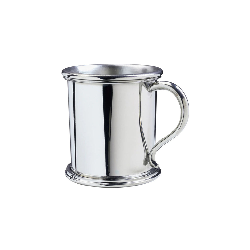 Front-right view of Tennessee baby cup showcasing polished pewter finish, rounded rim and handle on white background