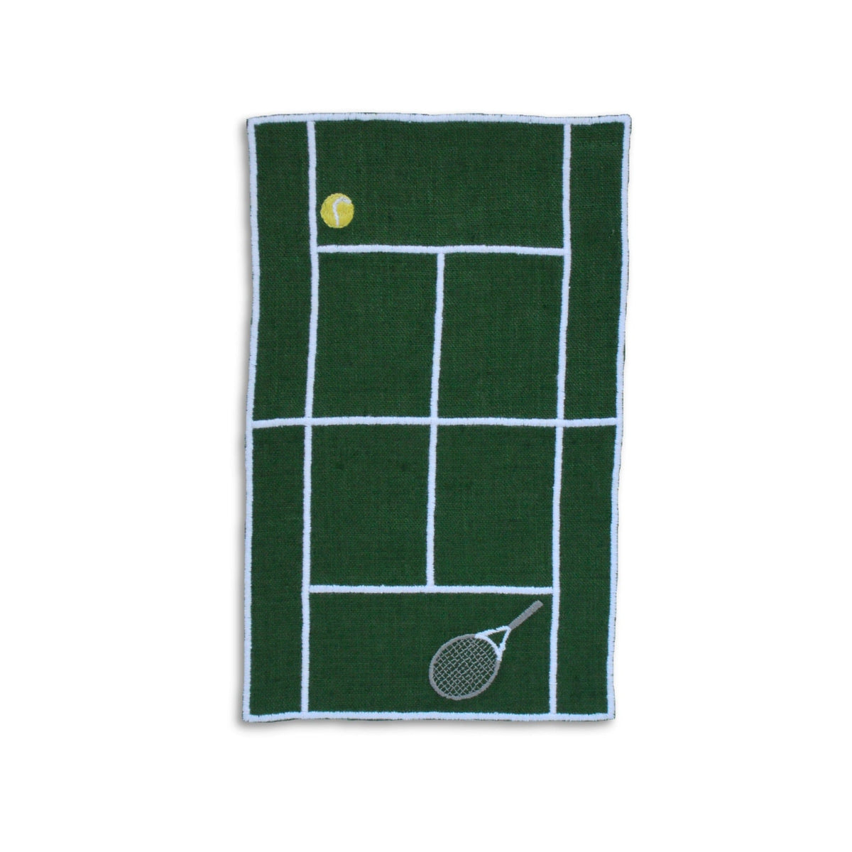 Top view of Tennis Court Cocktail Napkin showcasing green linen, white court lines, yellow ball and racket on white