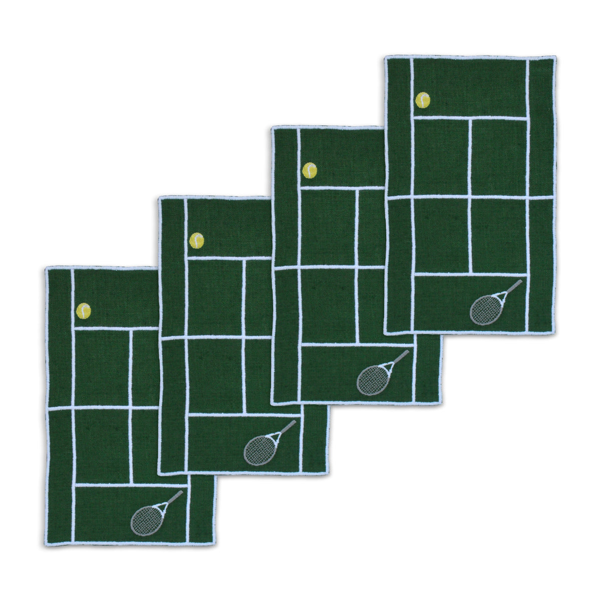 Overhead view of Tennis Court Cocktail Napkins, Set of 4 showcasing green tennis court pattern with balls and rackets on white background