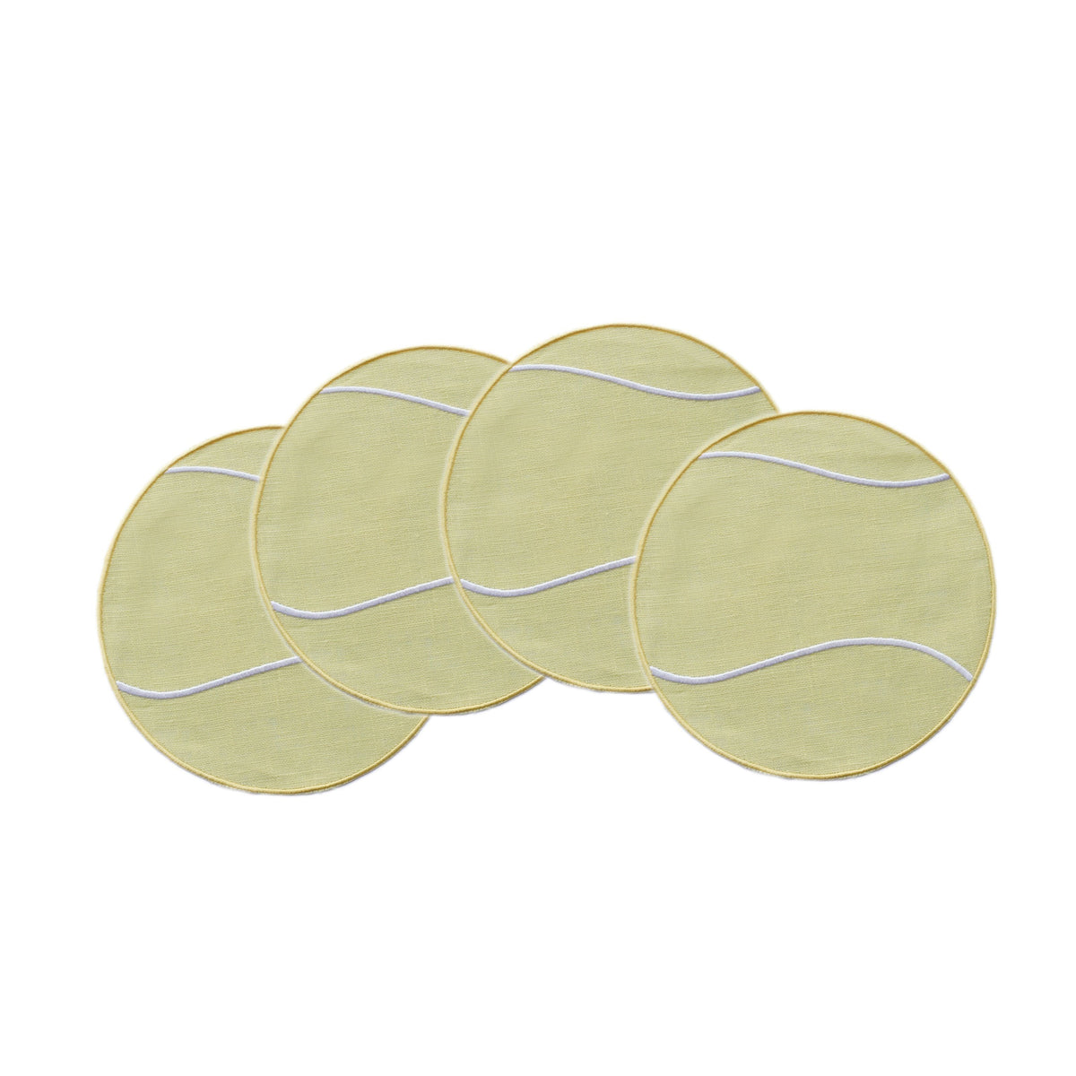 Top view of Tennis Ball Cocktail Napkins, Set of 4 showcasing pale green linen with white tennis ball seams on a white background