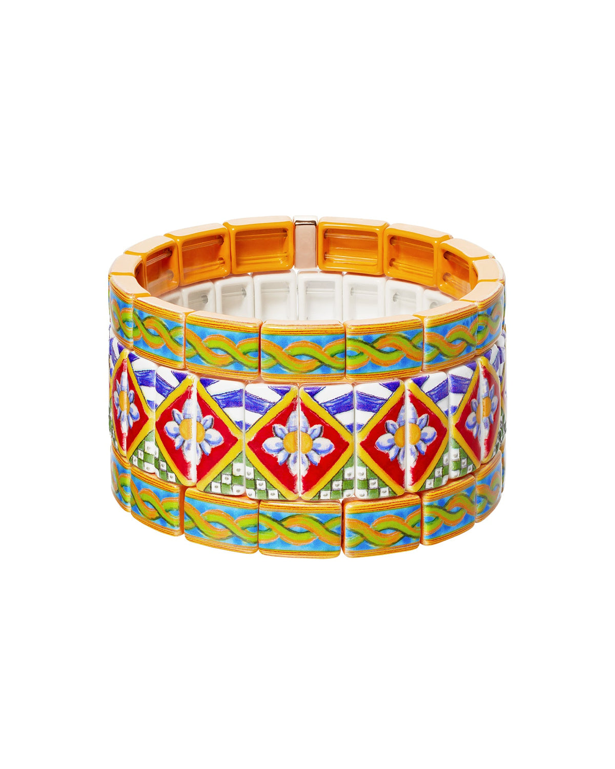Front view of The Terrazzo Bracelet set of three showcasing mixed-pattern stretch enamel bands on white background