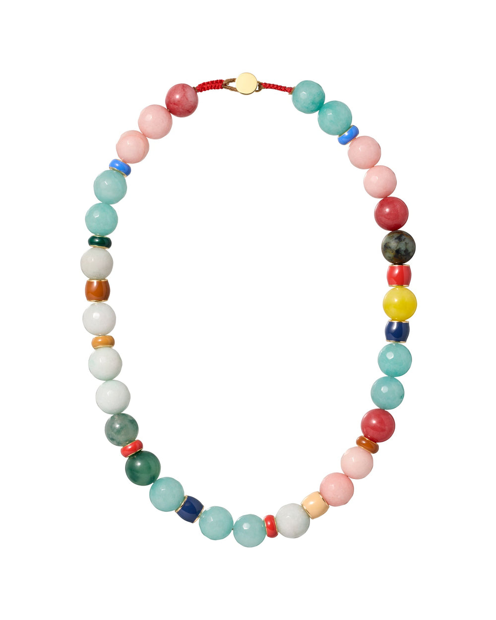 Flat-lay of The Bright By Nature Necklace with multicolored semi-precious beads and gold button closure