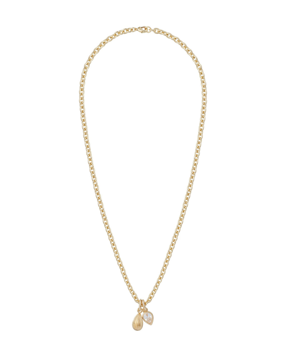 Front view of Free Spirit Necklace Trio showcasing a gold chain with two charms, a ribbed gold teardrop and a pear-shaped crystal, on white background