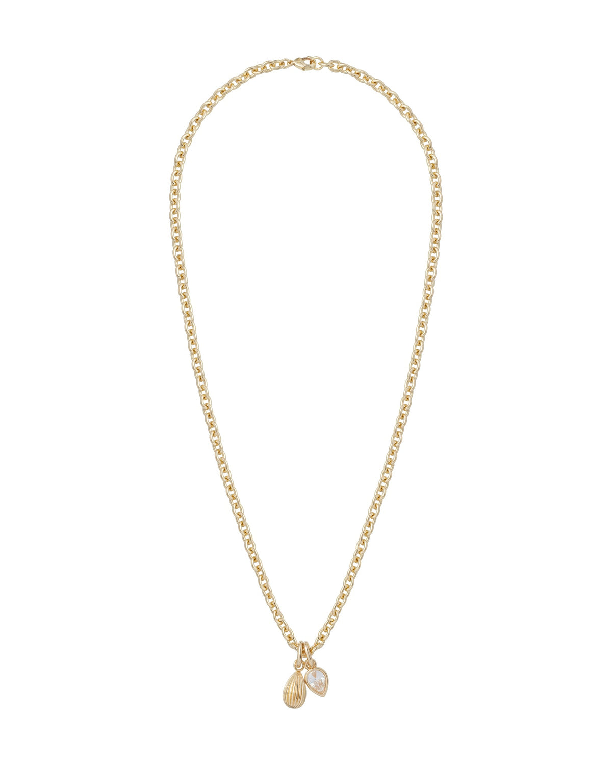 Front view of Free Spirit Necklace Trio showcasing a gold chain with two charms, a ribbed gold teardrop and a pear-shaped crystal, on white background