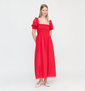 The Scarlett Nap Dress in Red Daisy Check Eyelet