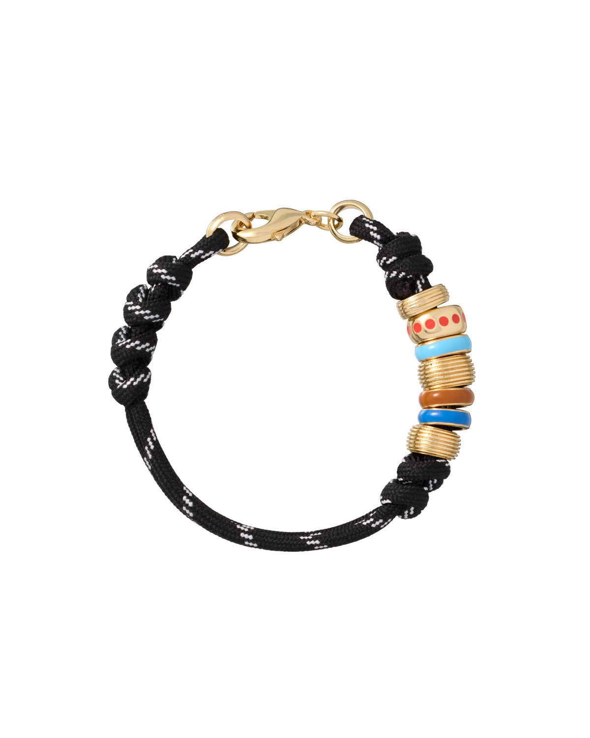 Top view of Happy Cord Bracelet in black with knotted cord, gold lobster clasp and colorful enamel and pavé charms