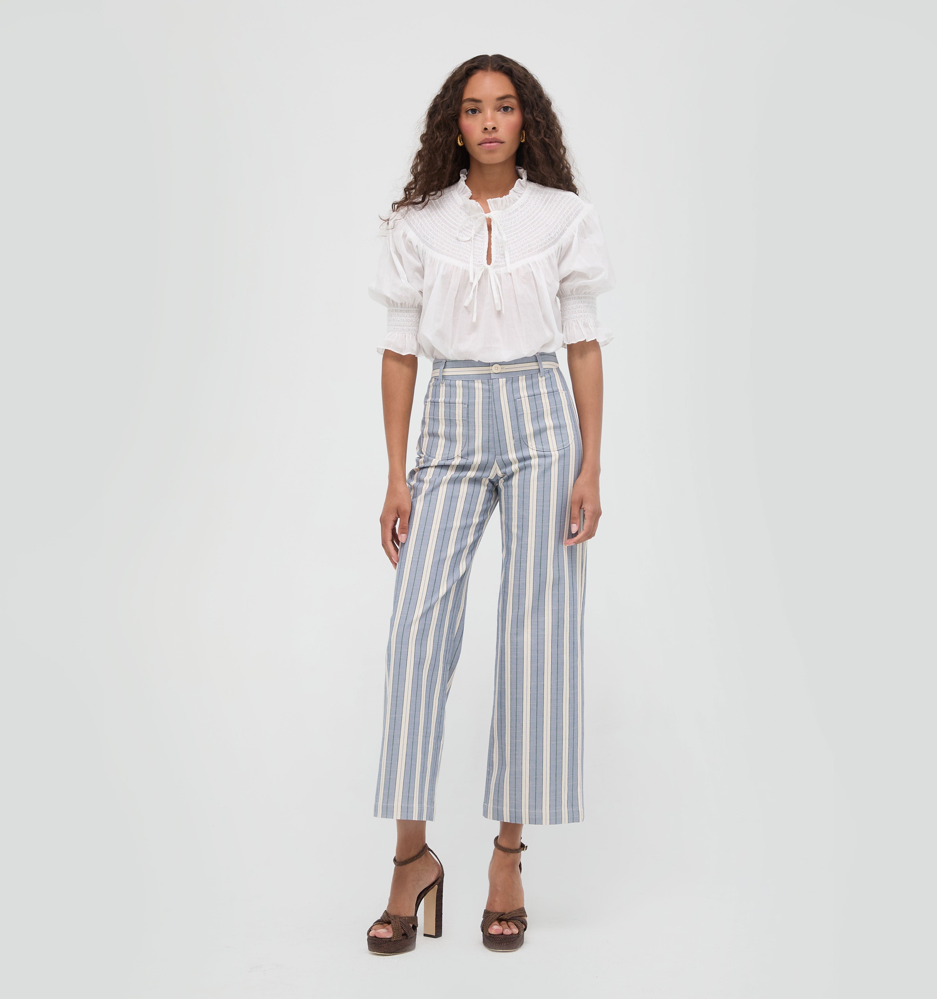 The Mindy Pant in Coln Ticking Stripe Dusty Blue