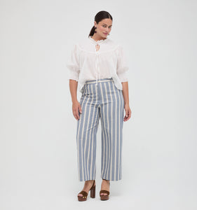 The Mindy Pant in Coln Ticking Stripe Dusty Blue
