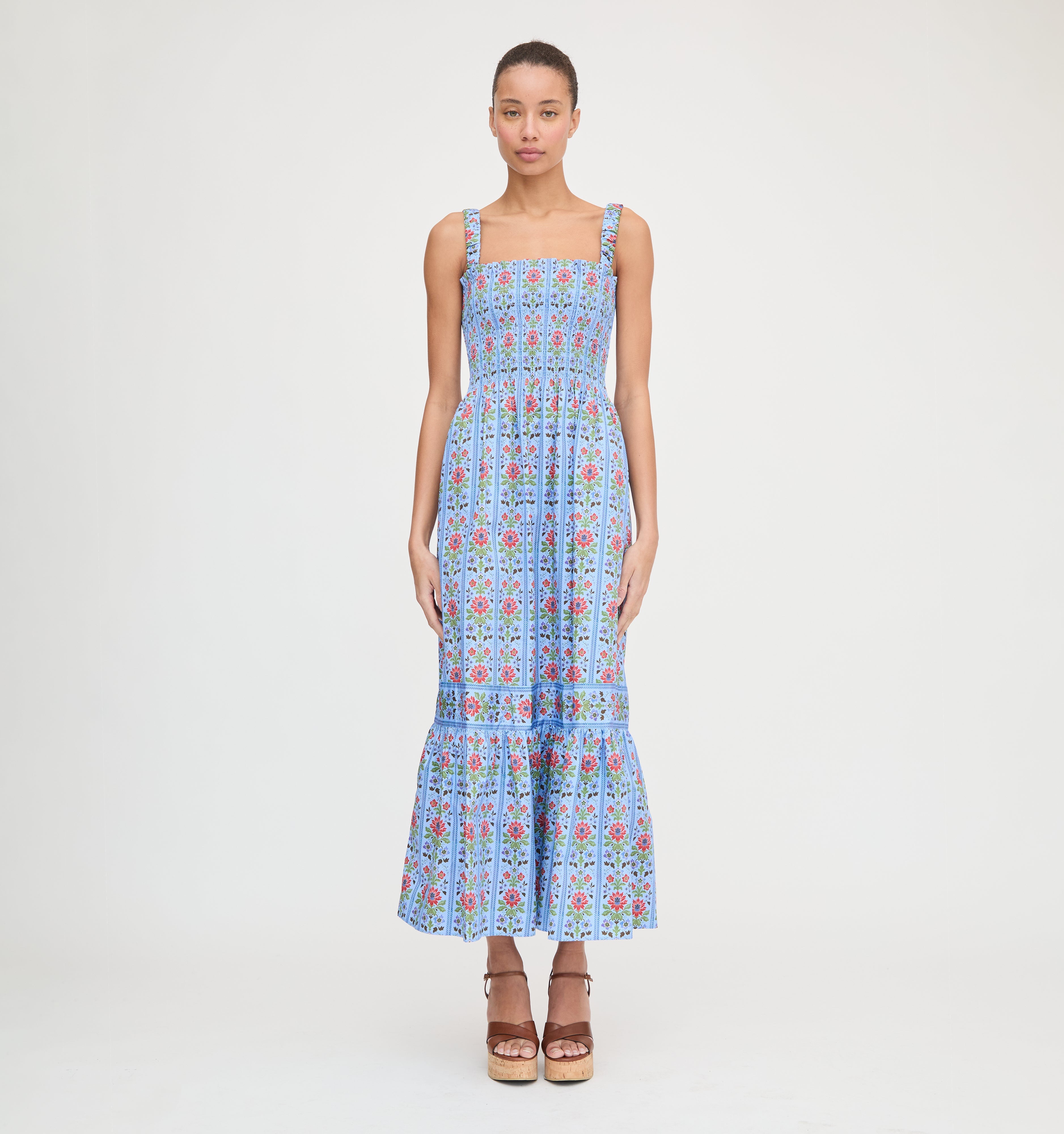 The Anjuli Nap Dress in Blue Floral Block Stripe