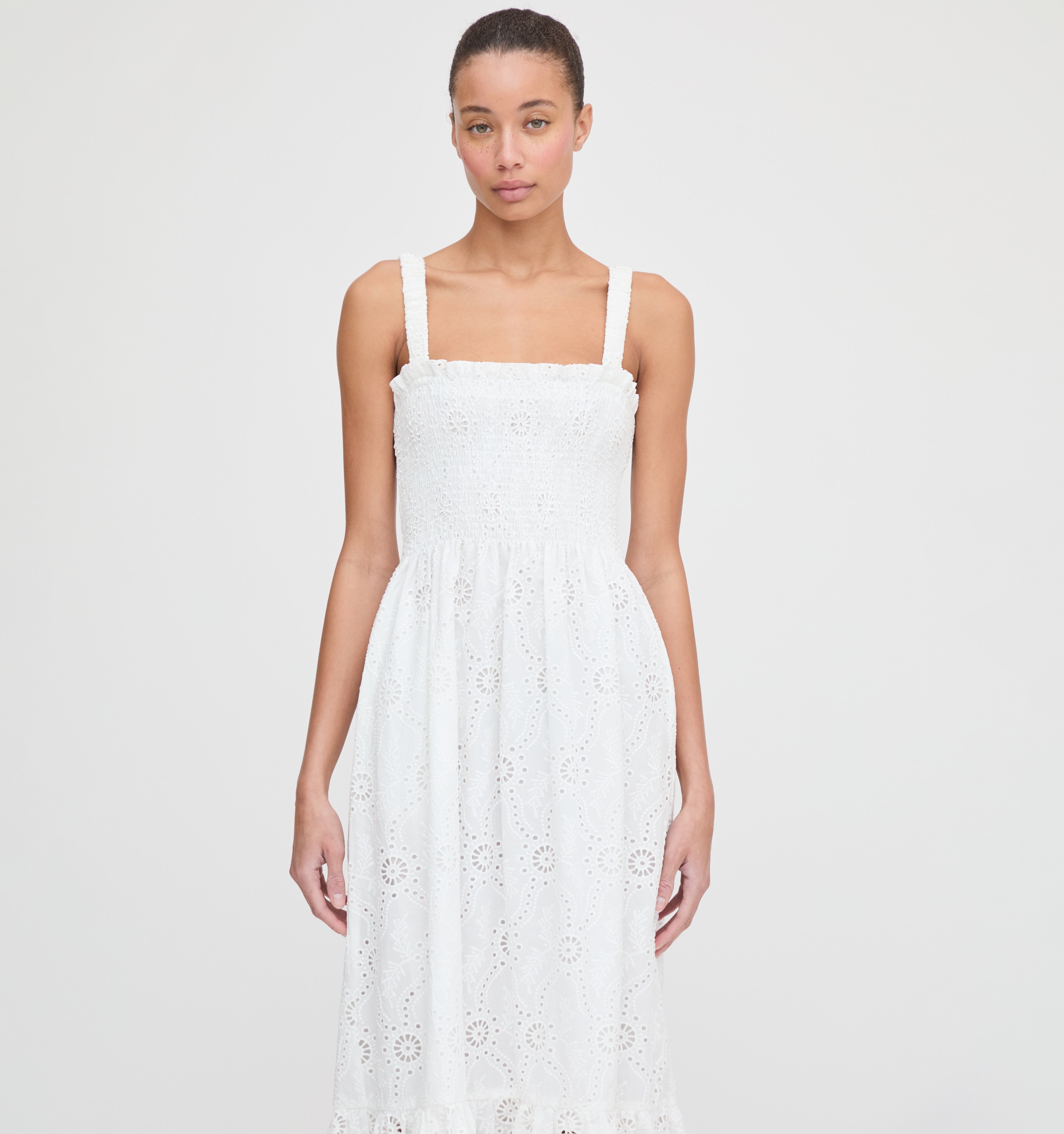 The Anjuli Nap Dress in White Trellis Broderie