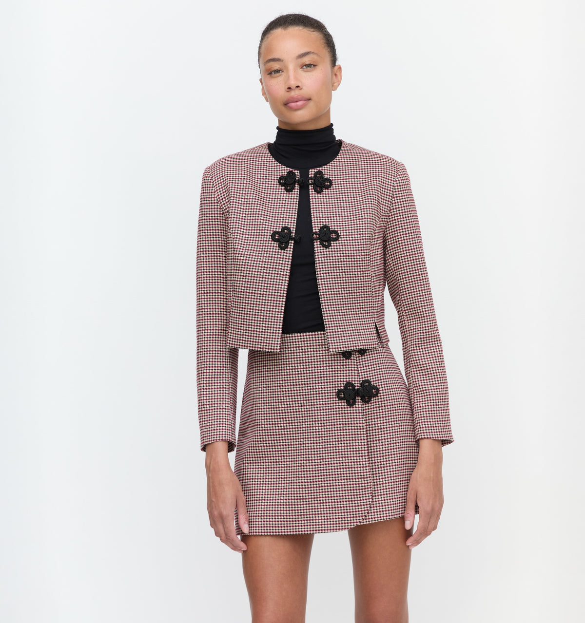 The Aubriella Jacket in Burgundy Holmes Houndstooth
