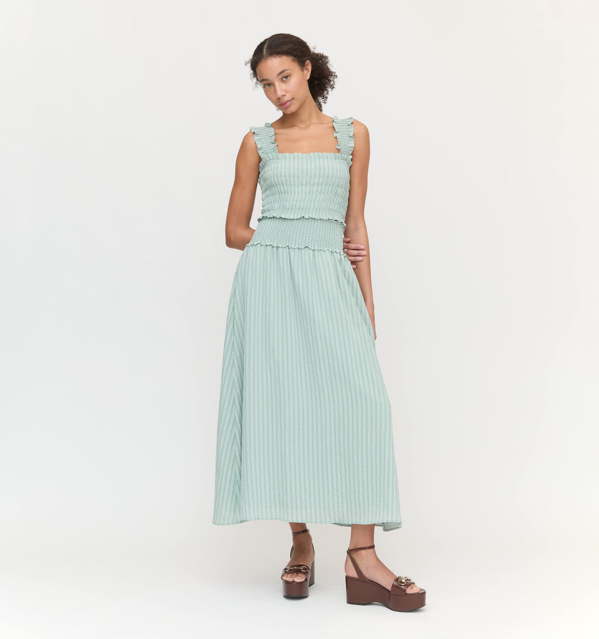 The Delphine Nap Skirt in Soft Green Tonal Seersucker