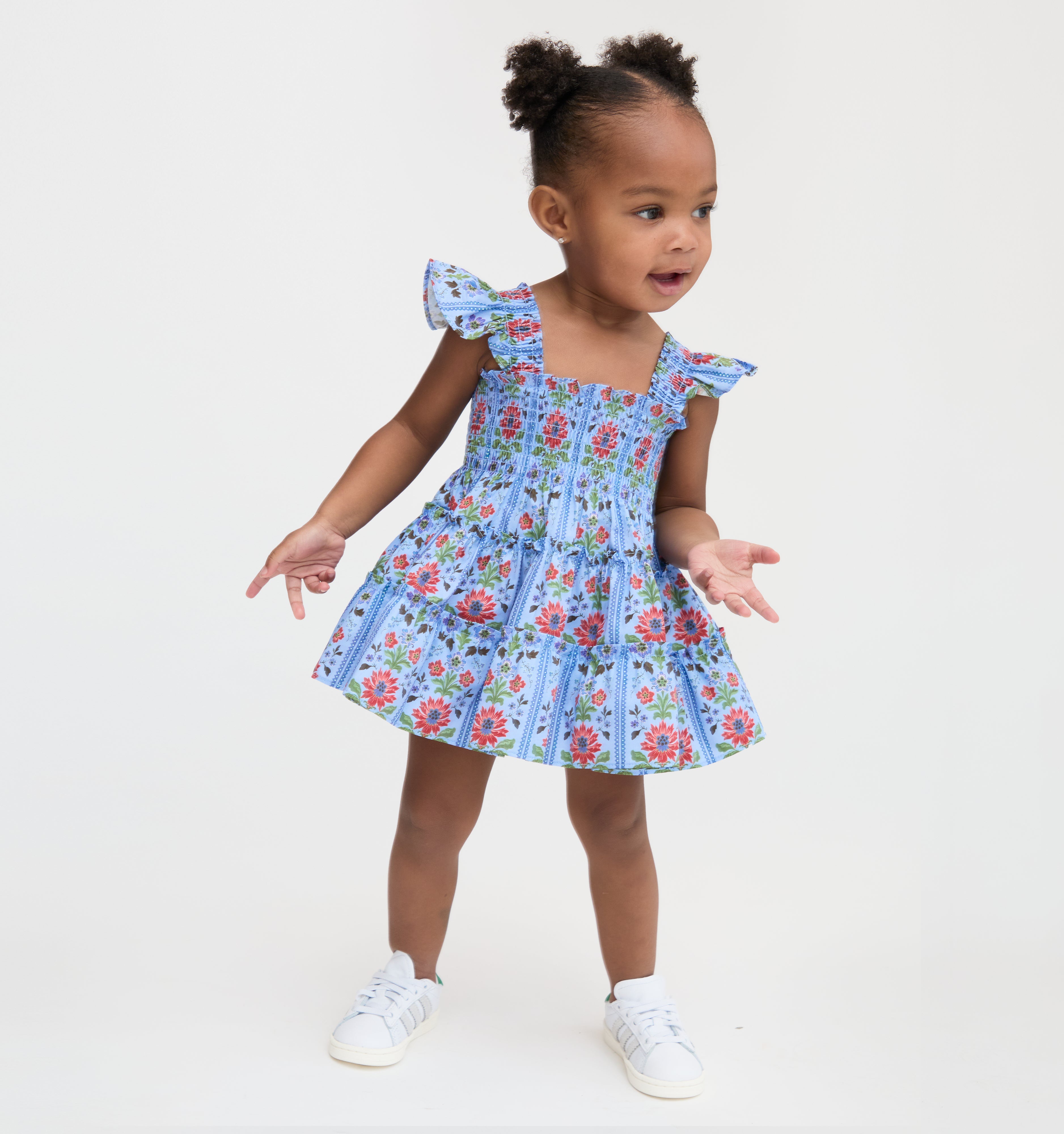 The Baby Ellie Nap Dress in Blue Floral Block Stripe