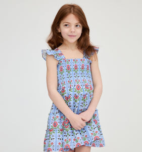 The Tiny Ellie Nap Dress in Blue Floral Block Stripe