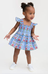 The Baby Ellie Nap Dress in Blue Floral Block Stripe