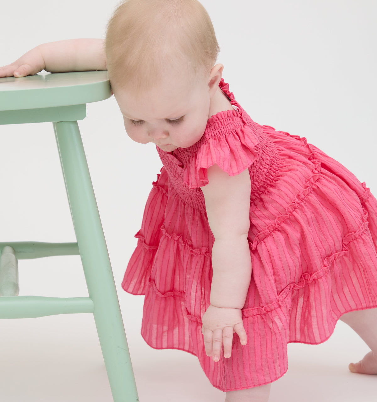 The Baby Ellie Nap Dress in Watermelon Tonal Seersucker