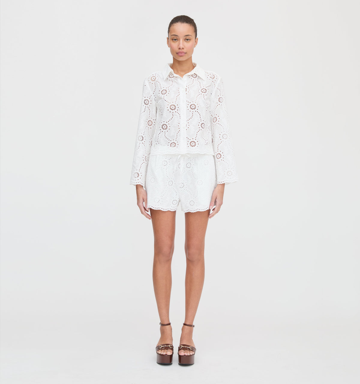 The Audrey Shorts in White Trellis Broderie