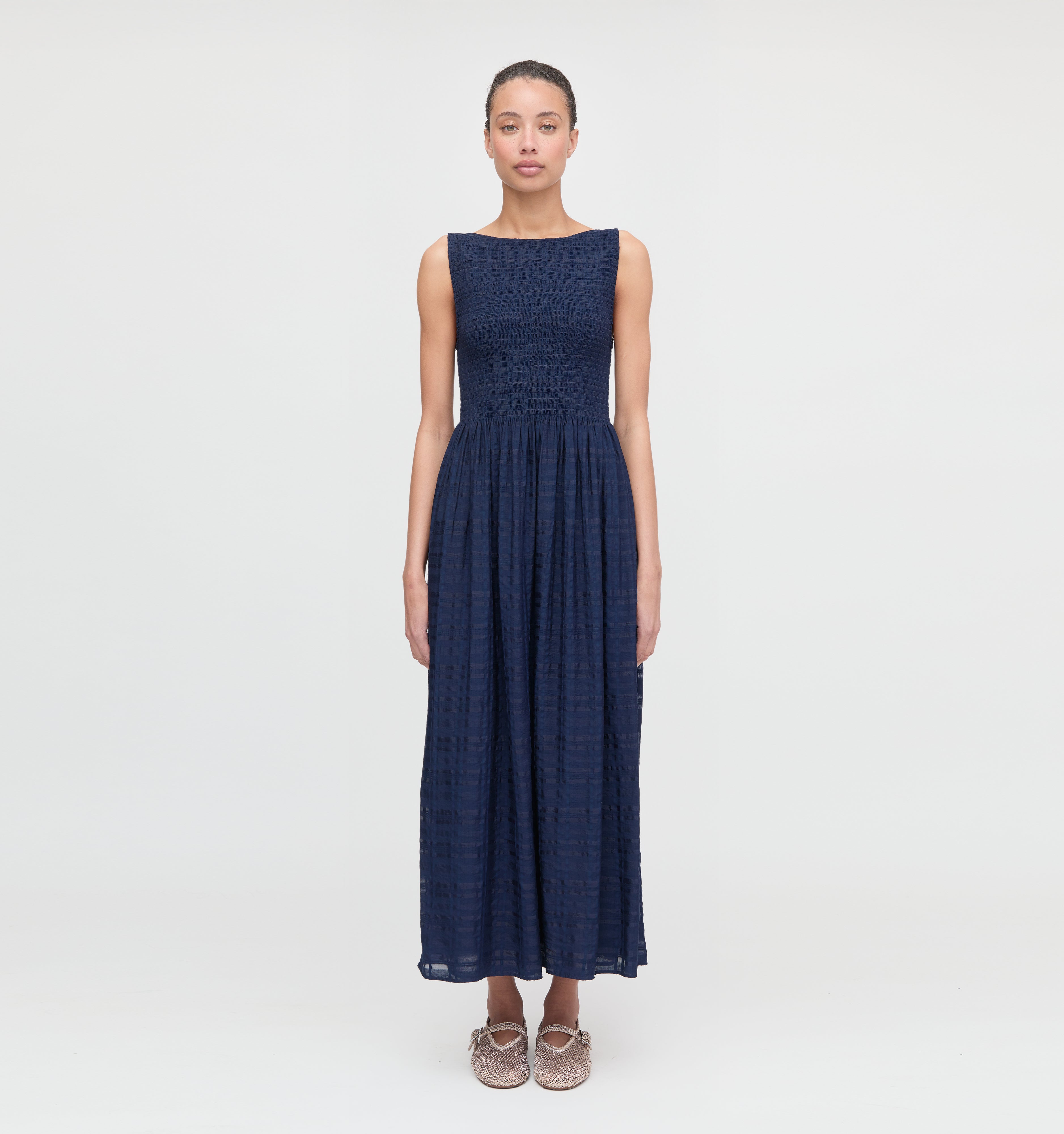 The Cosima Nap Dress in Navy Sheer Plaid