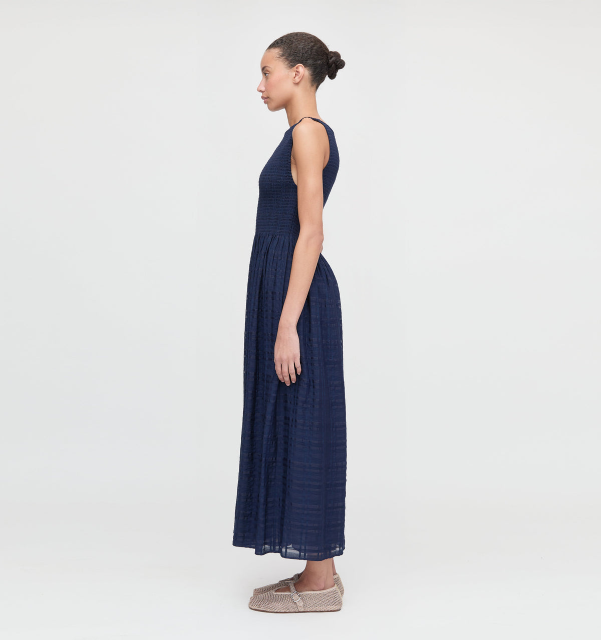 The Cosima Nap Dress in Navy Sheer Plaid