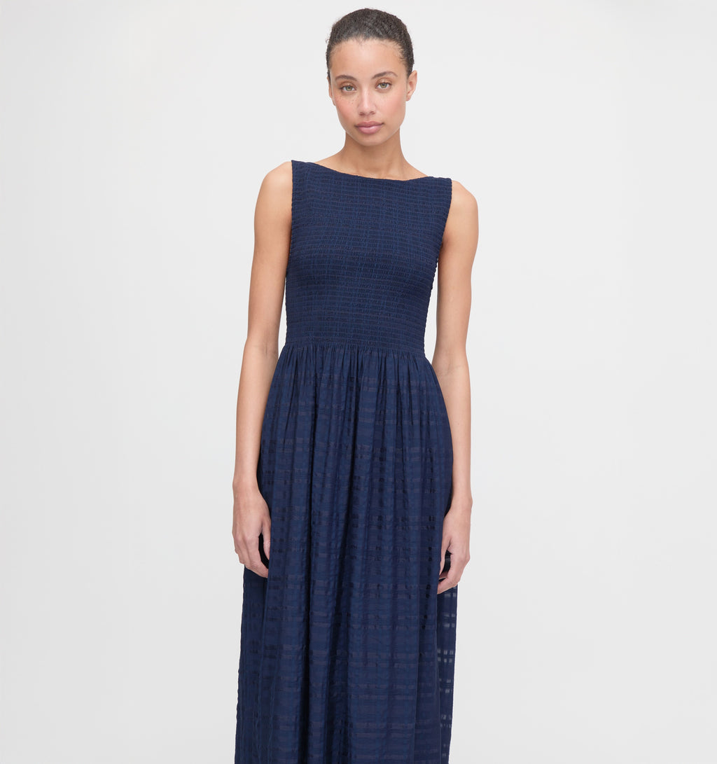 The Cosima Nap Dress in Navy Sheer Plaid