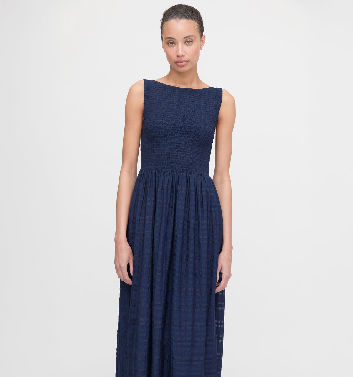 The Cosima Nap Dress in Navy Sheer Plaid