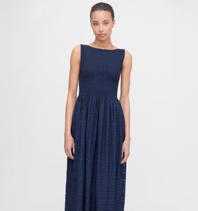 The Cosima Nap Dress in Navy Sheer Plaid