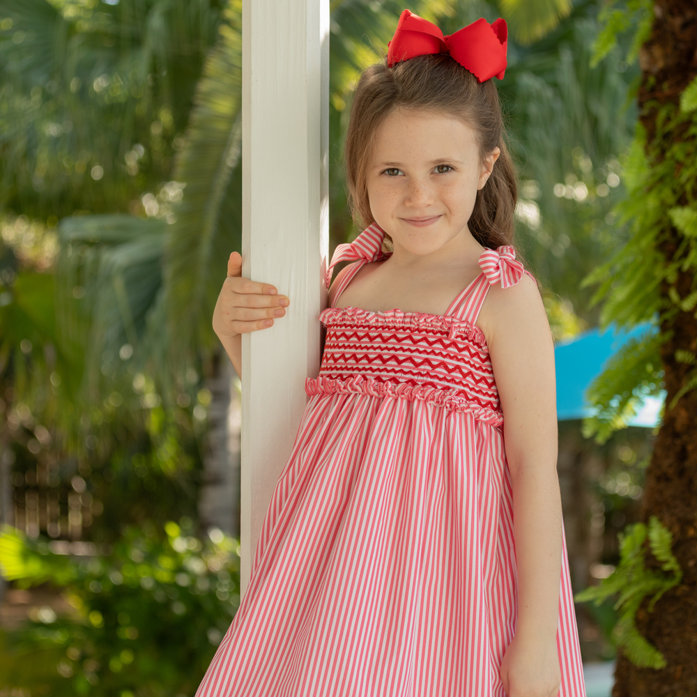 Henry Duvall Daisy Dress in red & white stripe print with hand-smocked bodice and shoulder bow ties, classic heirloom summer dress for girls