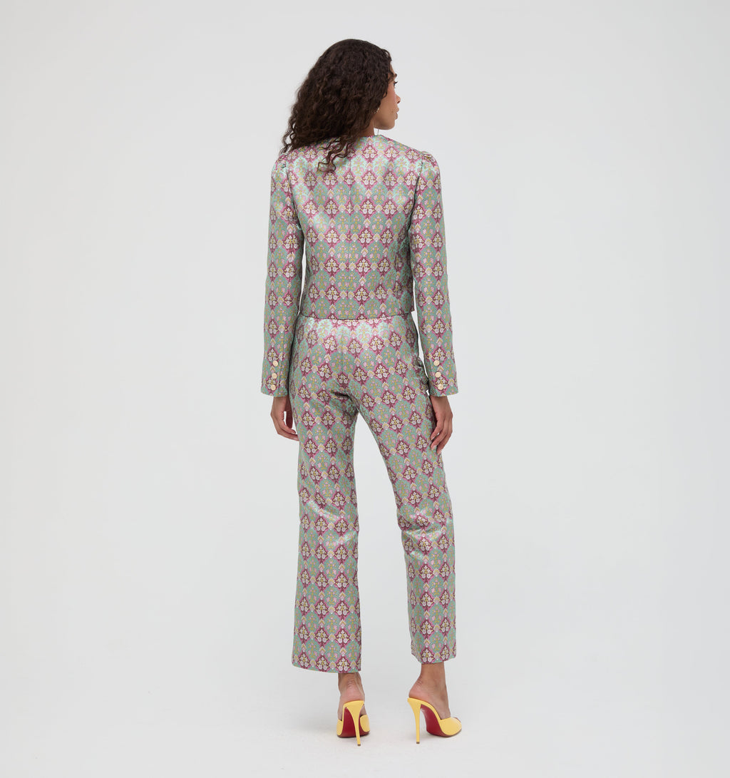 The Annina Pant in Brocade Diamond Block Berry/Green
