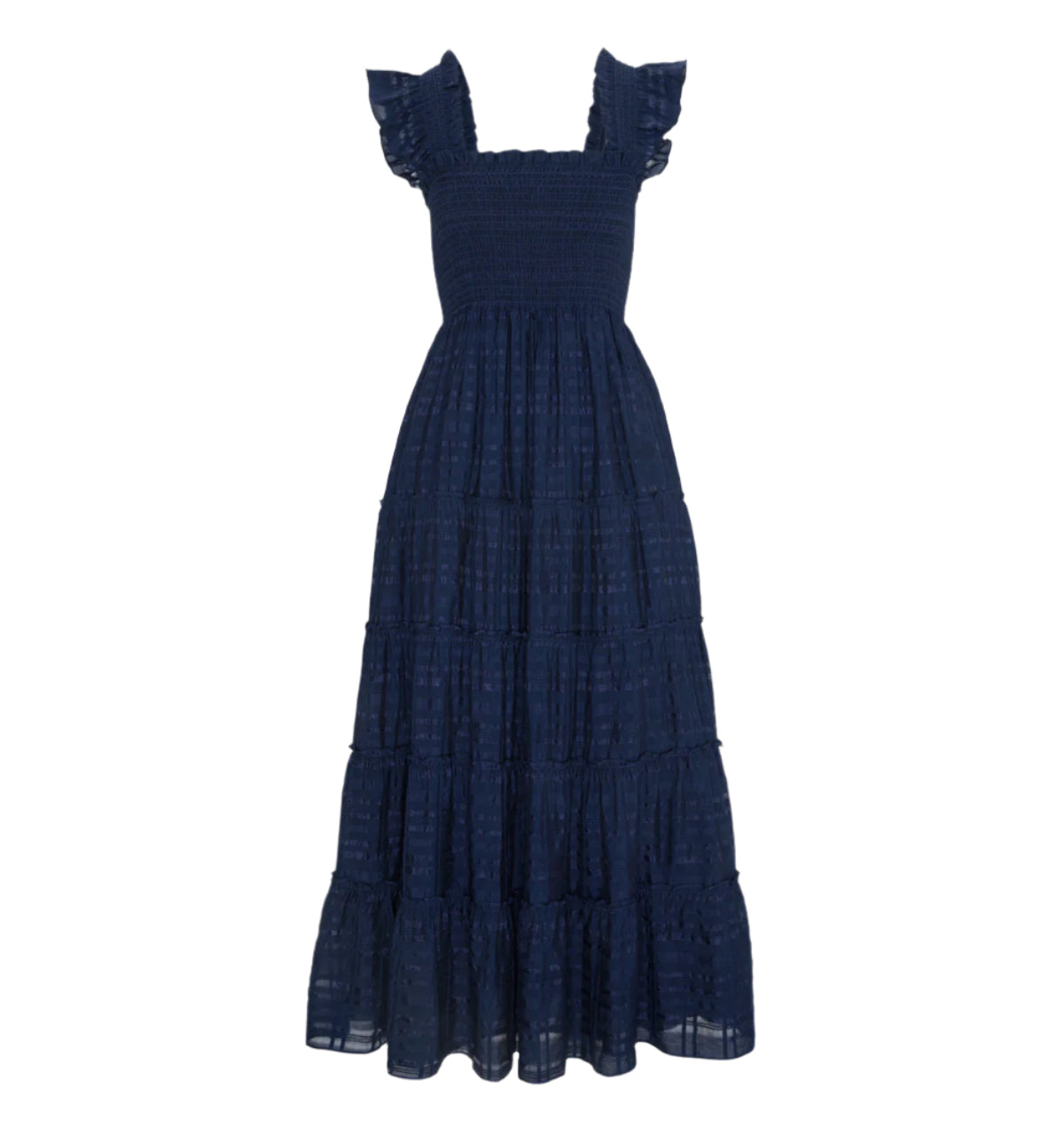 The Ellie Maxi Nap Dress in Navy Sheer Plaid