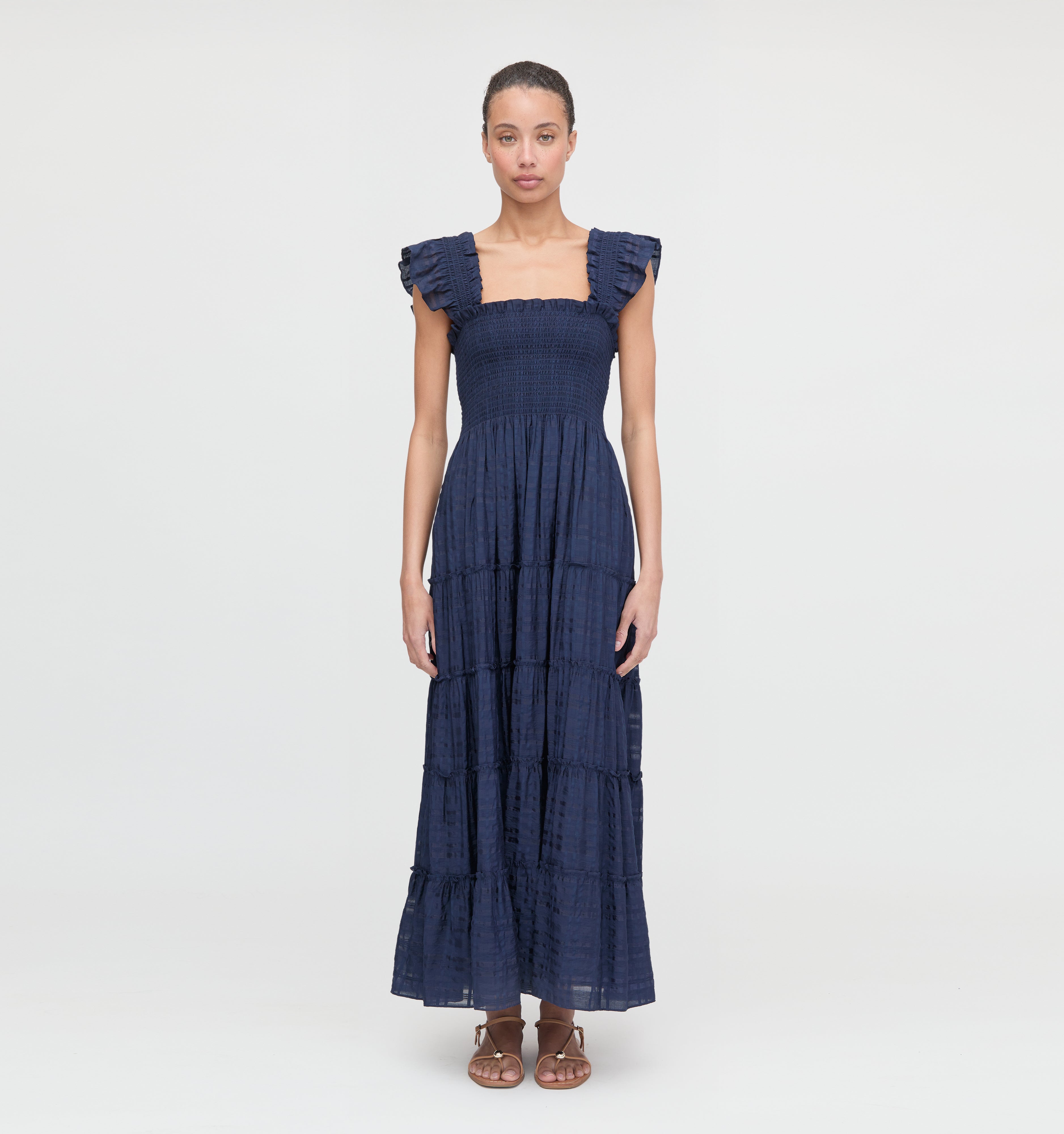 The Ellie Maxi Nap Dress in Navy Sheer Plaid