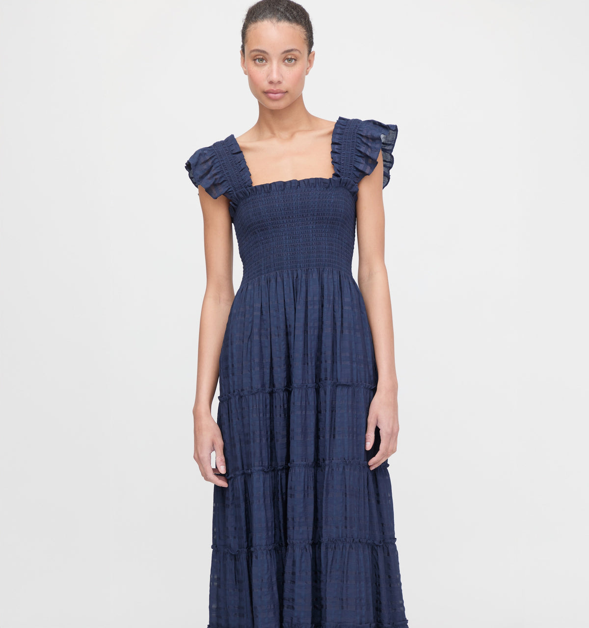 The Ellie Maxi Nap Dress in Navy Sheer Plaid