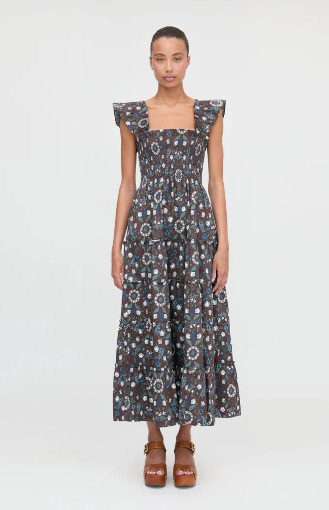 The Ellie Maxi Nap Dress in Chocolate Swedish Floral