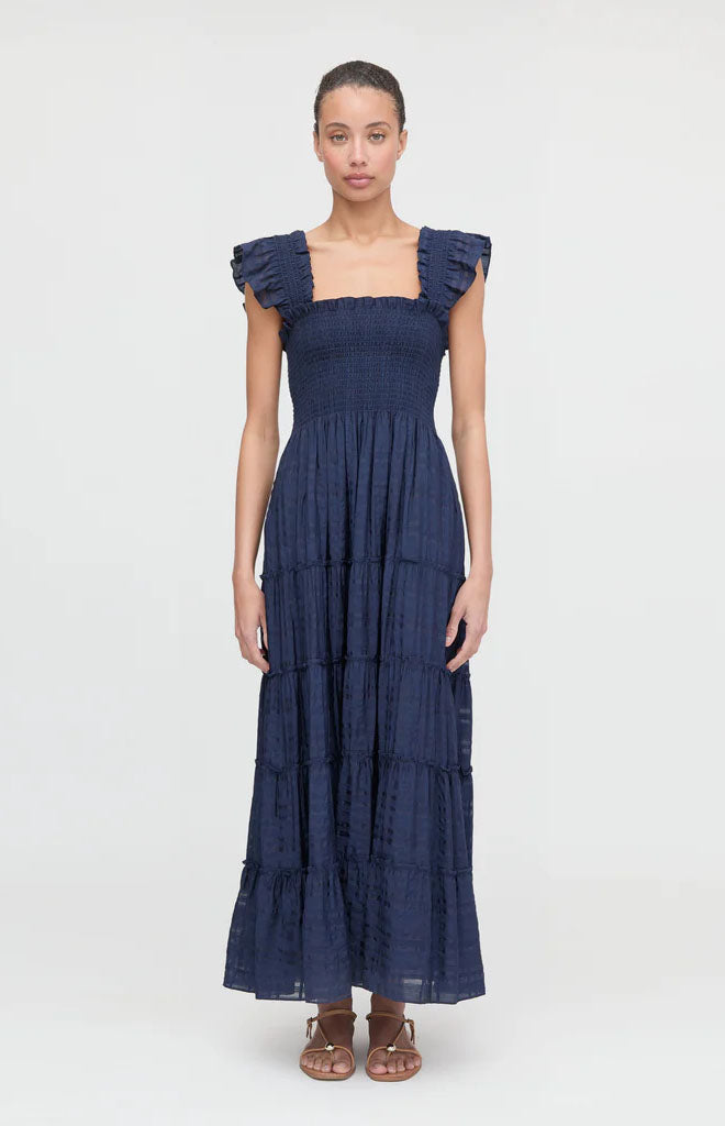 The Ellie Maxi Nap Dress in Navy Sheer Plaid