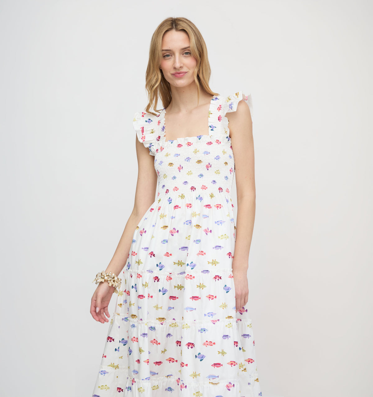 The Ellie Nap Dress in White Rainbow Fish