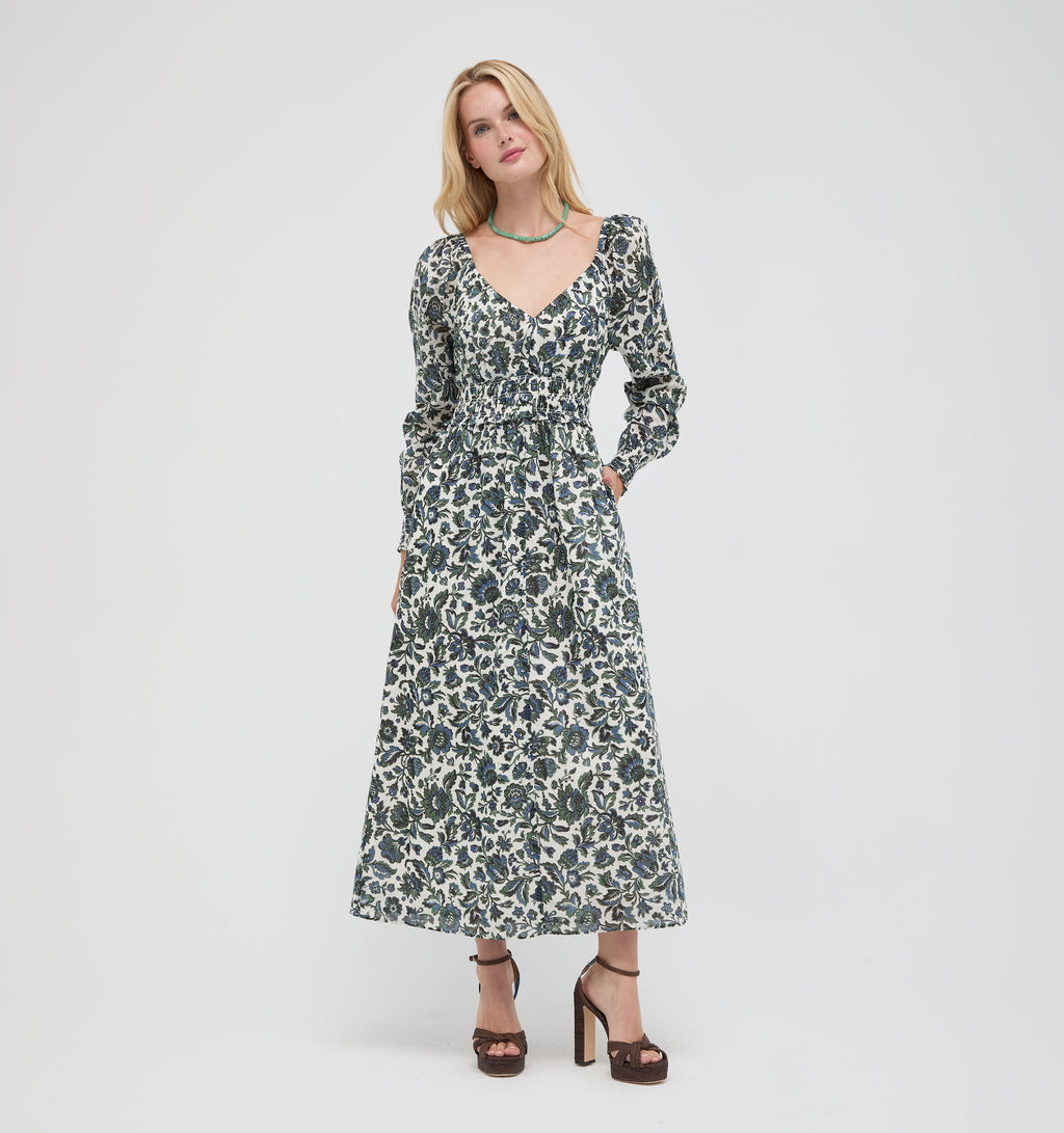 The Eugenia Nap Dress in Jacobean Bloom Blue/Green