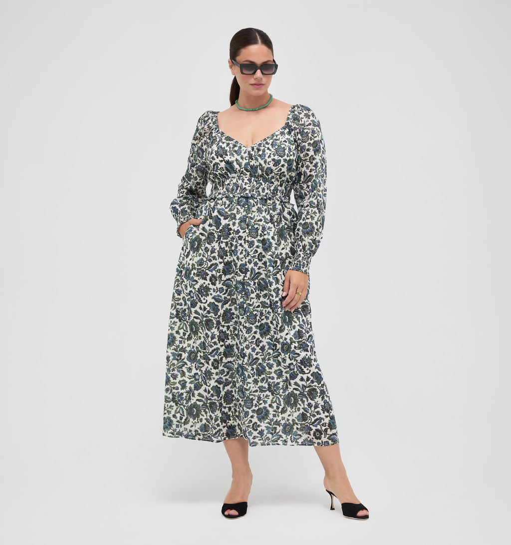The Eugenia Nap Dress in Jacobean Bloom Blue/Green