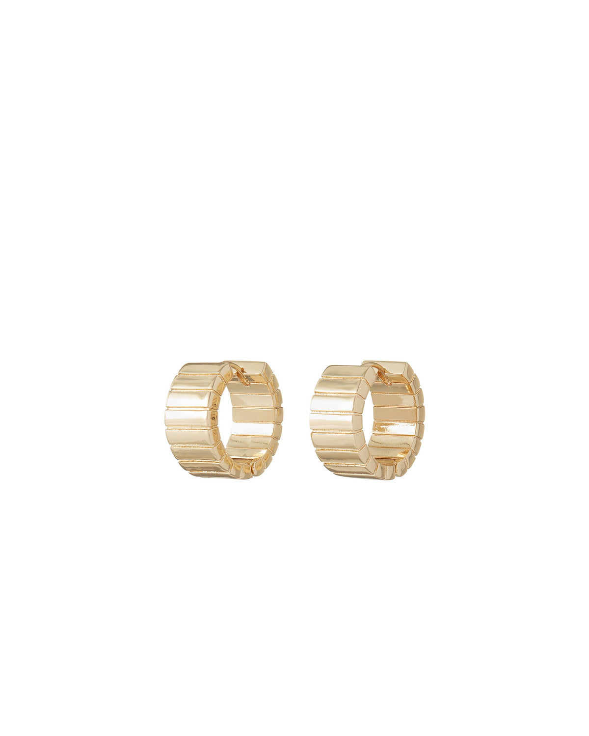 Front view of The Flat Cobra Huggie in Gold showcasing flat profile and gold tone plated hinge hoops on a white background