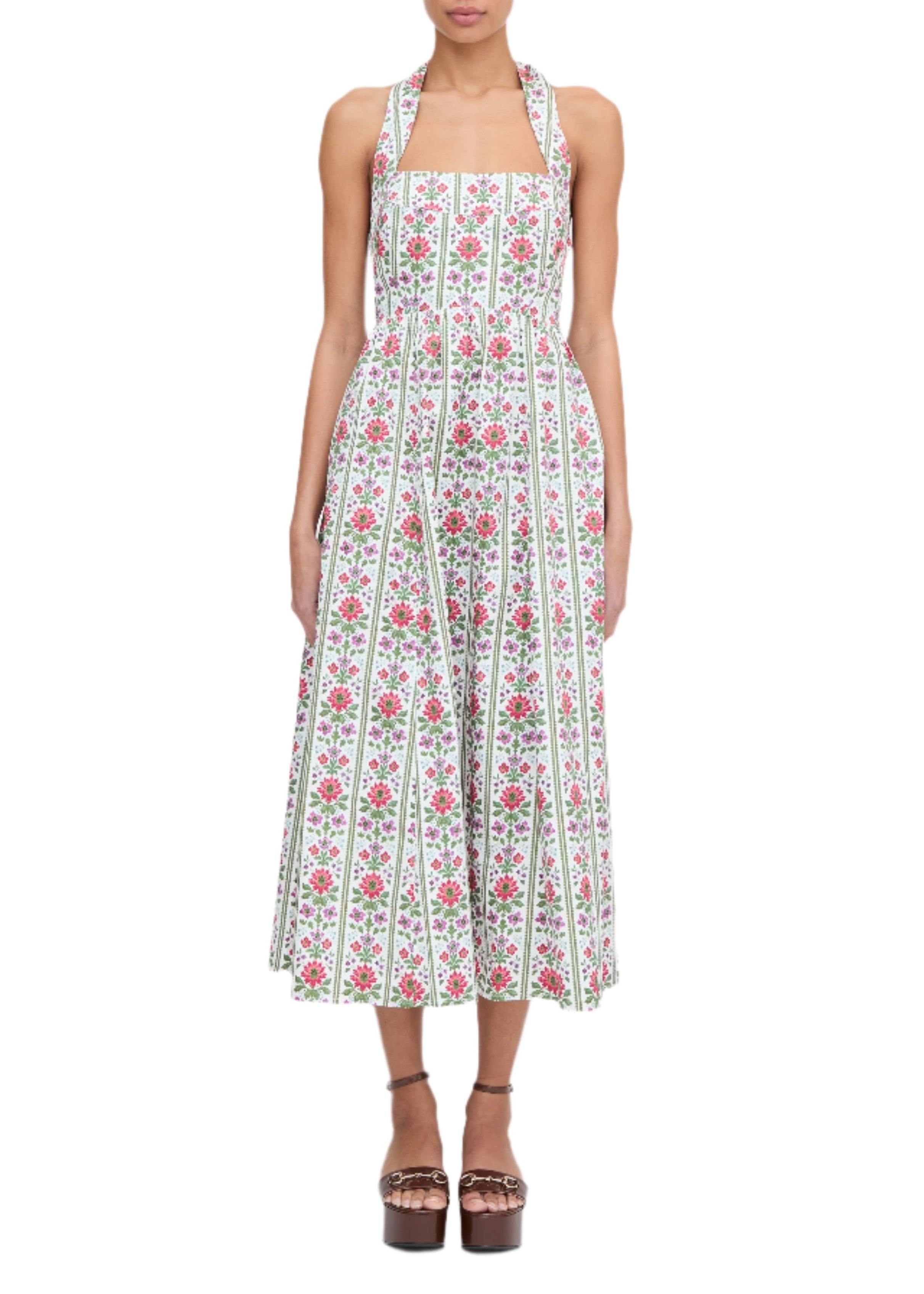 The Fleur Midi Dress in Green Floral Block Stripe
