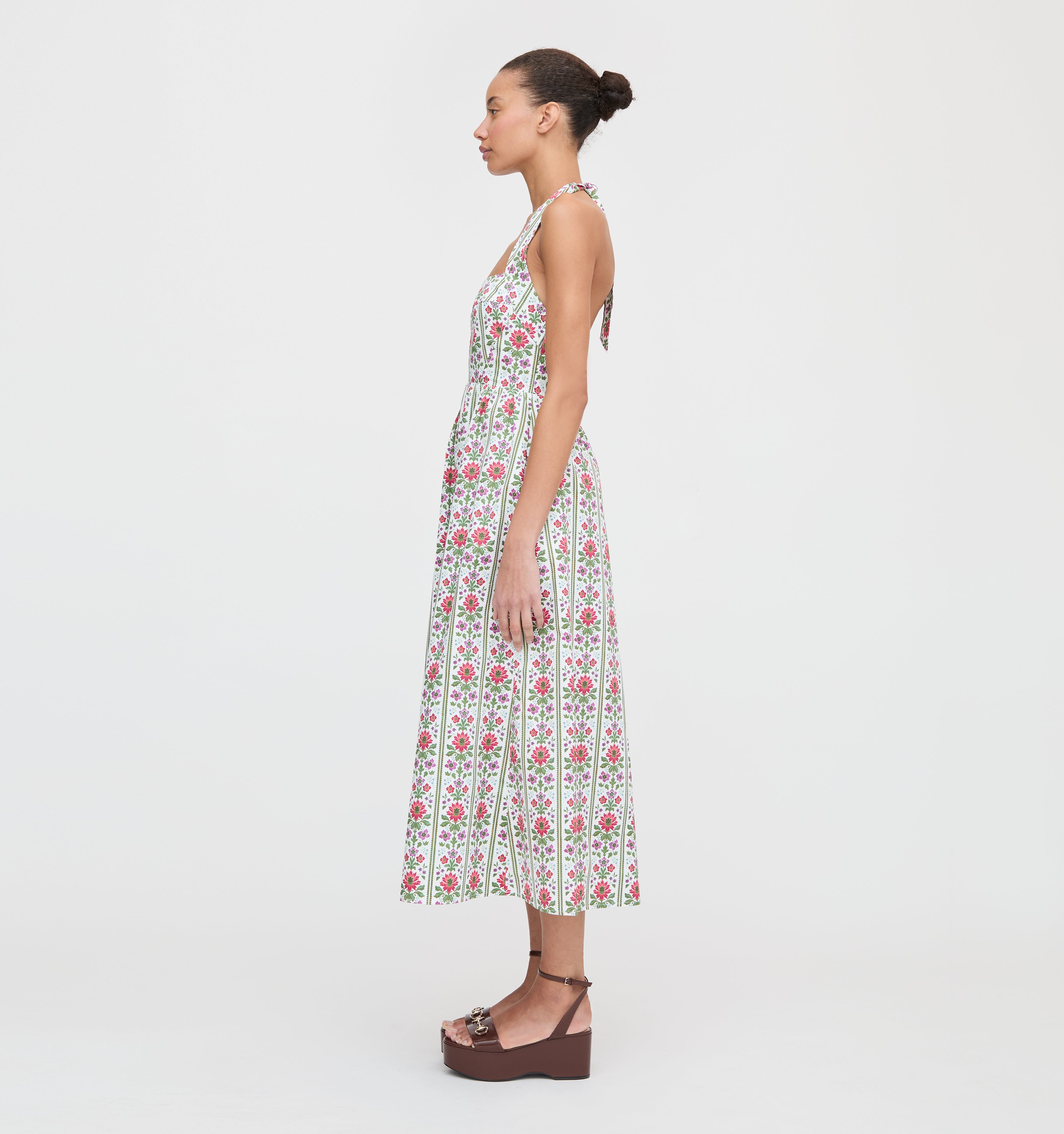 The Fleur Midi Dress in Green Floral Block Stripe