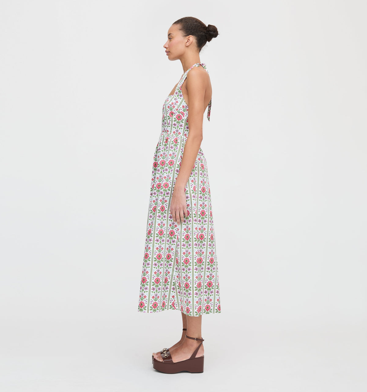 The Fleur Midi Dress in Green Floral Block Stripe