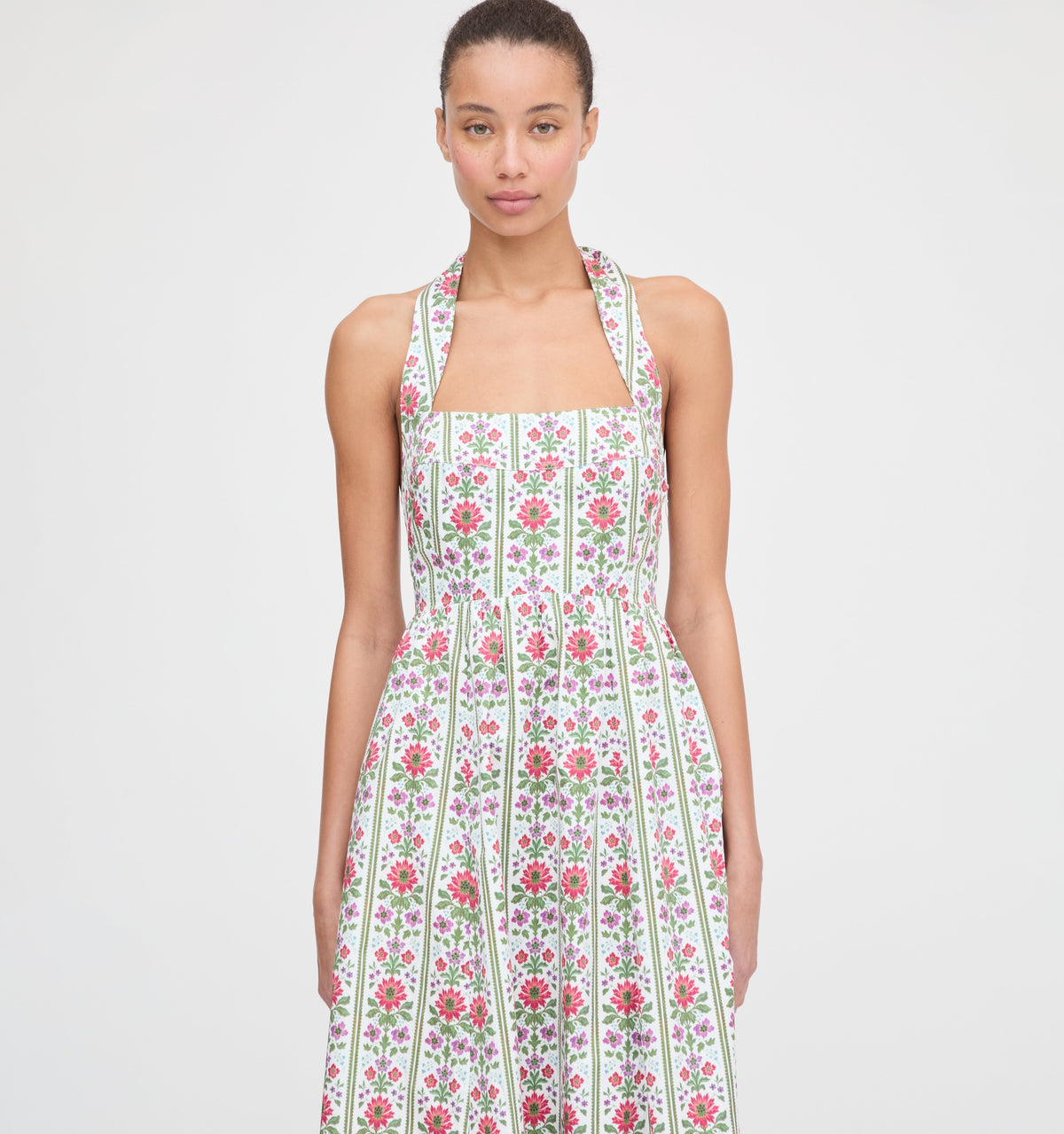 The Fleur Midi Dress in Green Floral Block Stripe