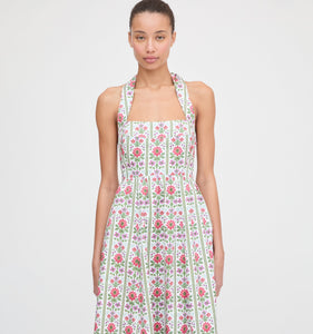 The Fleur Midi Dress in Green Floral Block Stripe