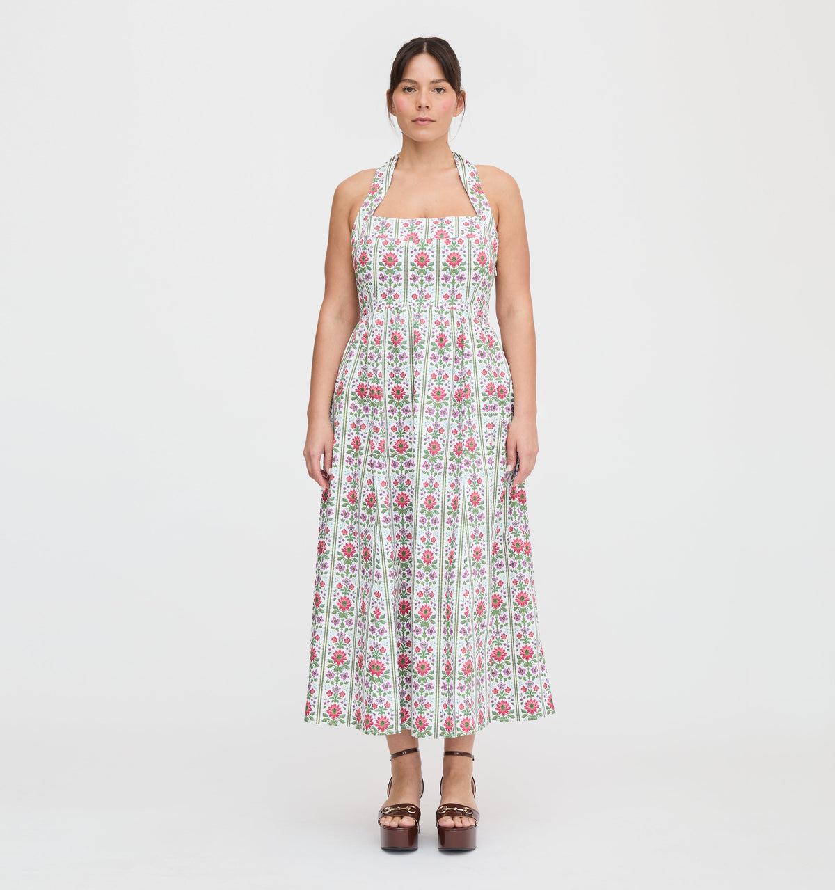 The Fleur Midi Dress in Green Floral Block Stripe