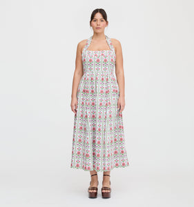 The Fleur Midi Dress in Green Floral Block Stripe