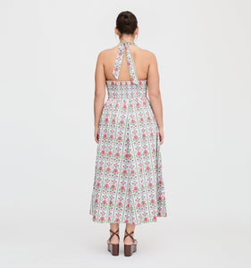 The Fleur Midi Dress in Green Floral Block Stripe