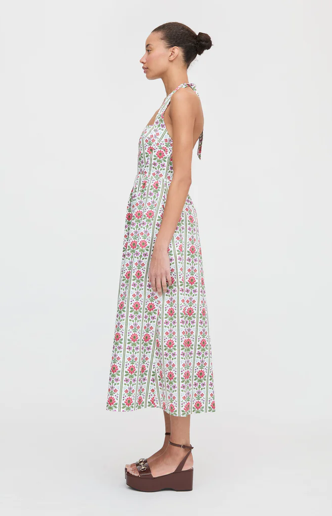 The Fleur Midi Dress in Green Floral Block Stripe